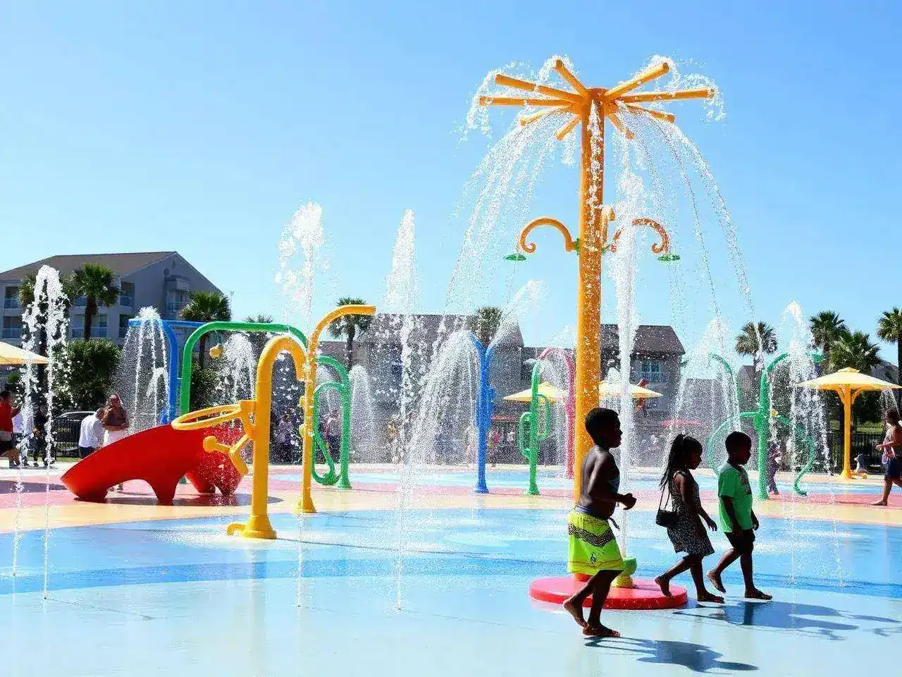 Interactive splash pad water play area built by Jungle City
